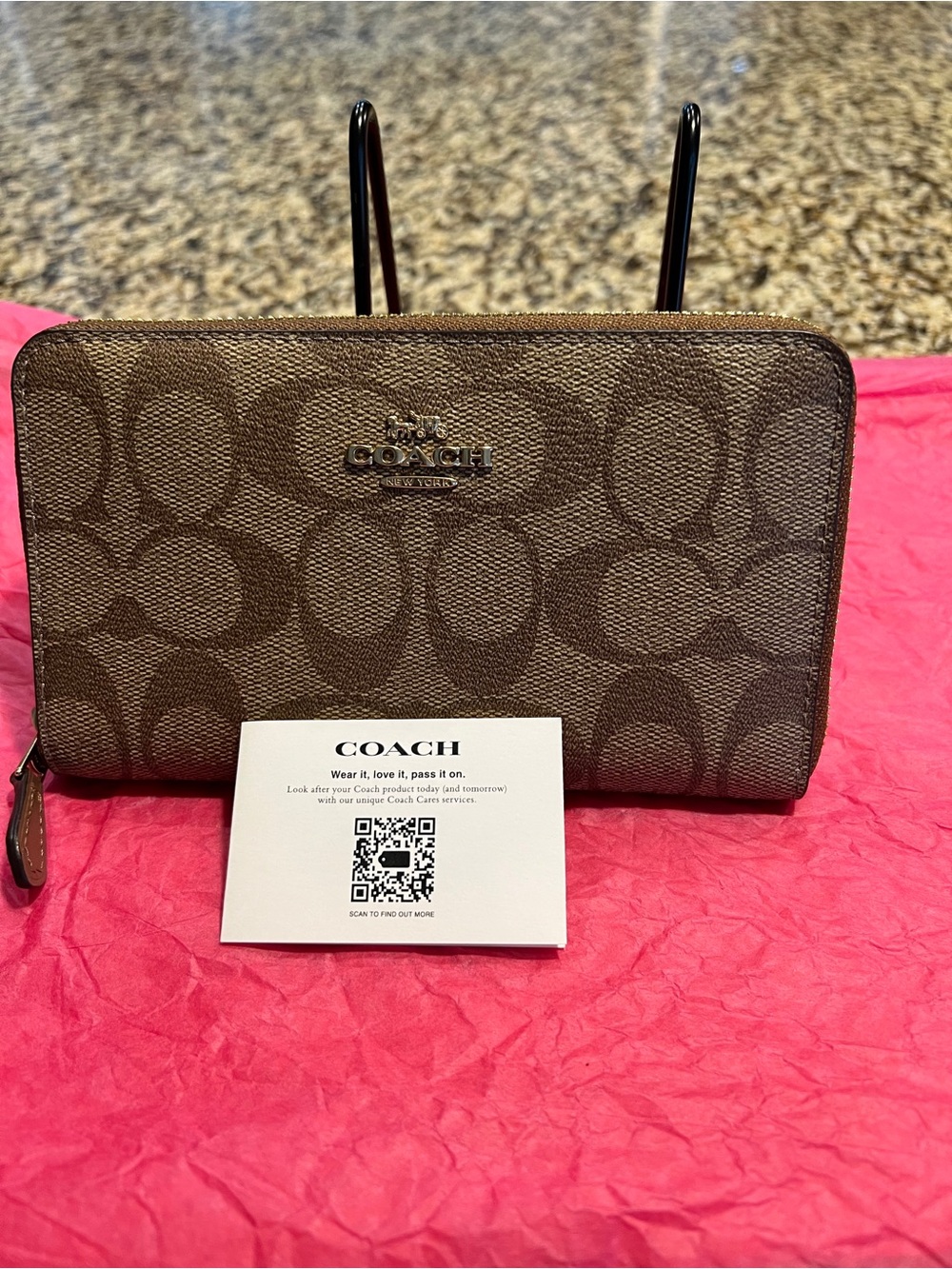 Coach Zip-Around Leather Wallet in Taupe with Gold Hardware